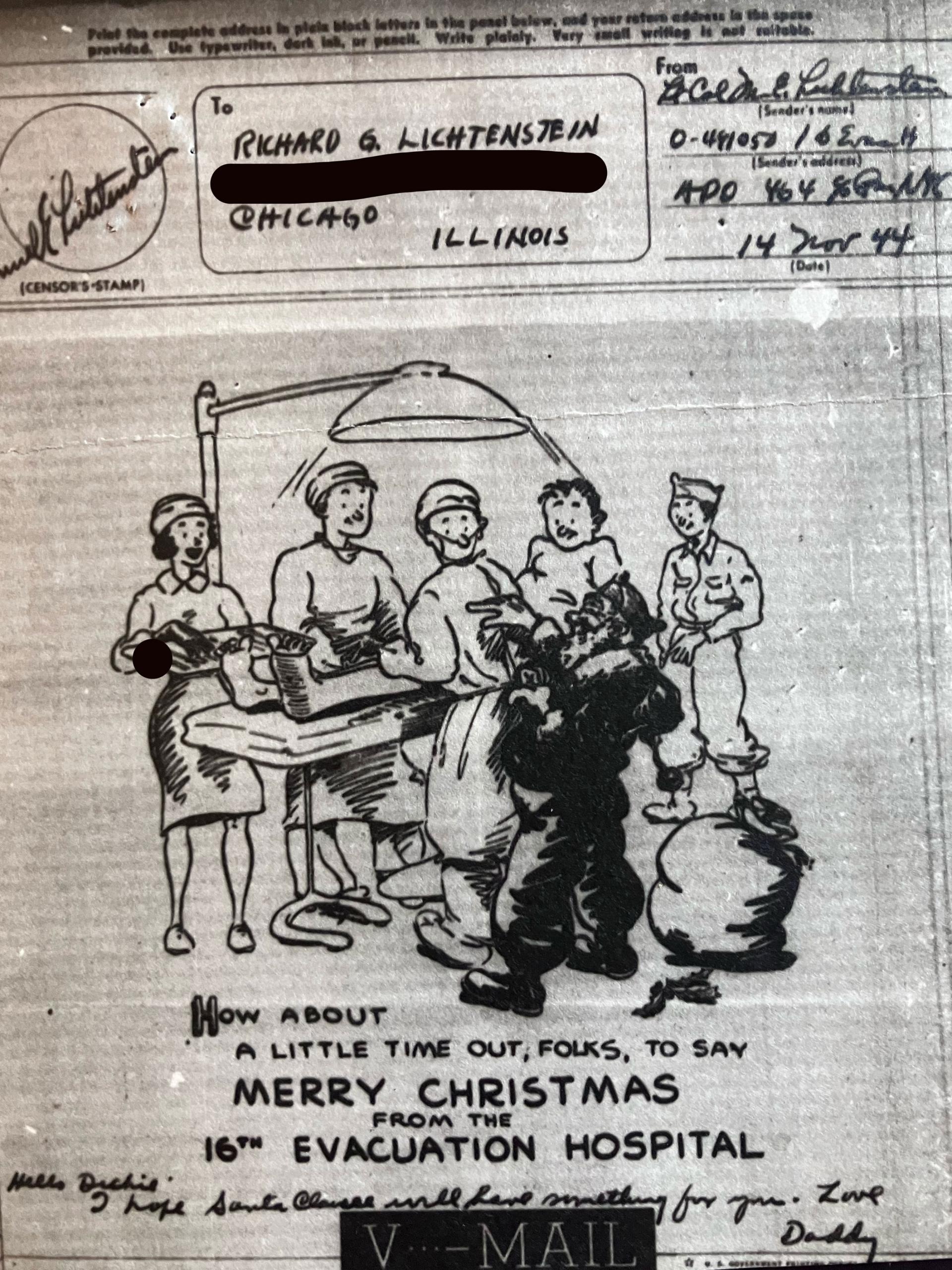 A Christmas greeting from Manuel E. Lichtenstein sent via "Victory Mail," 1944.