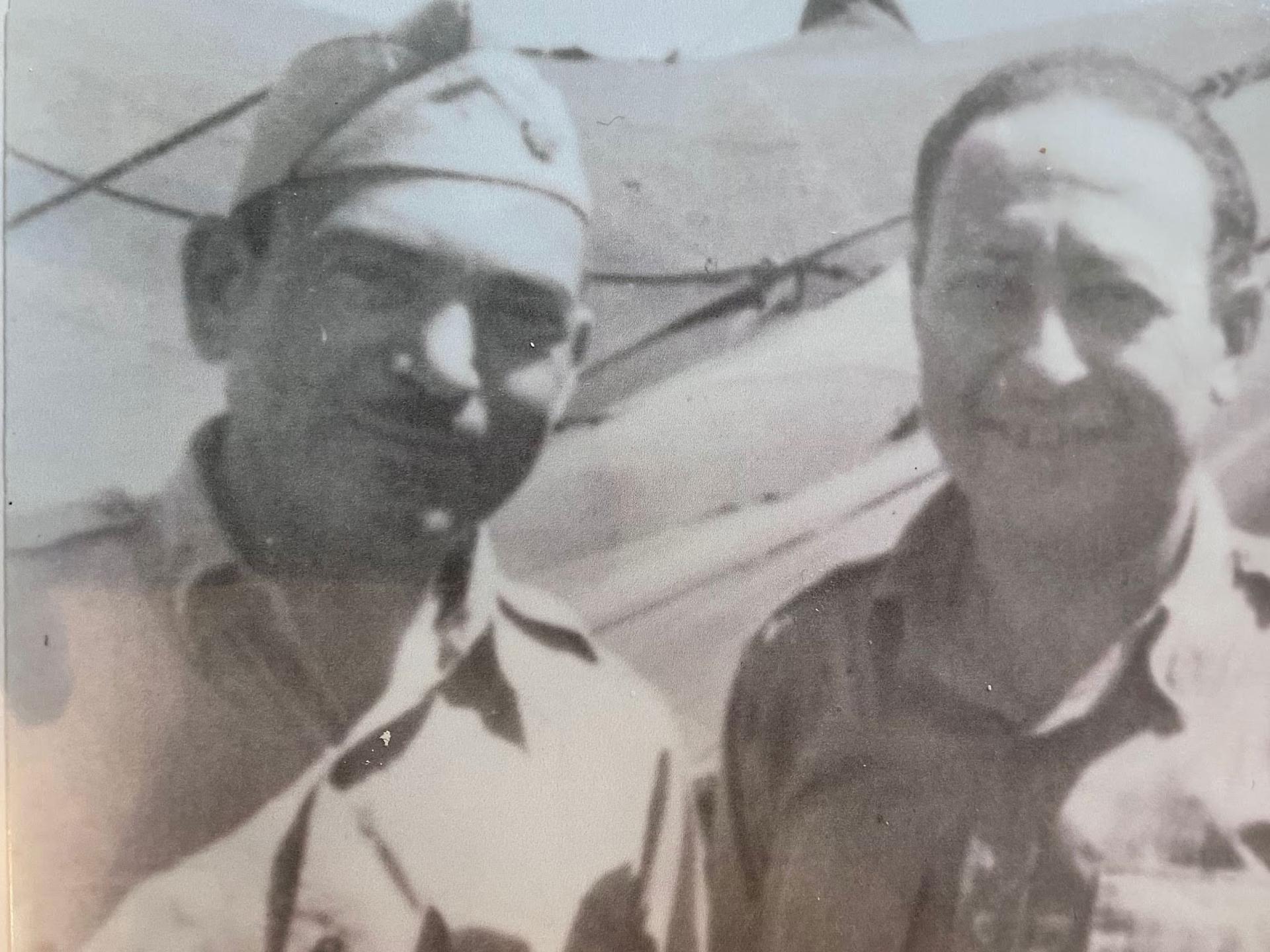 Lt. Col. Manuel E. Lichtenstein (left) stands with famous Lithuanian American violinist Jasha Heifitz, on tour with the USO in southern Italy, during World War II. 