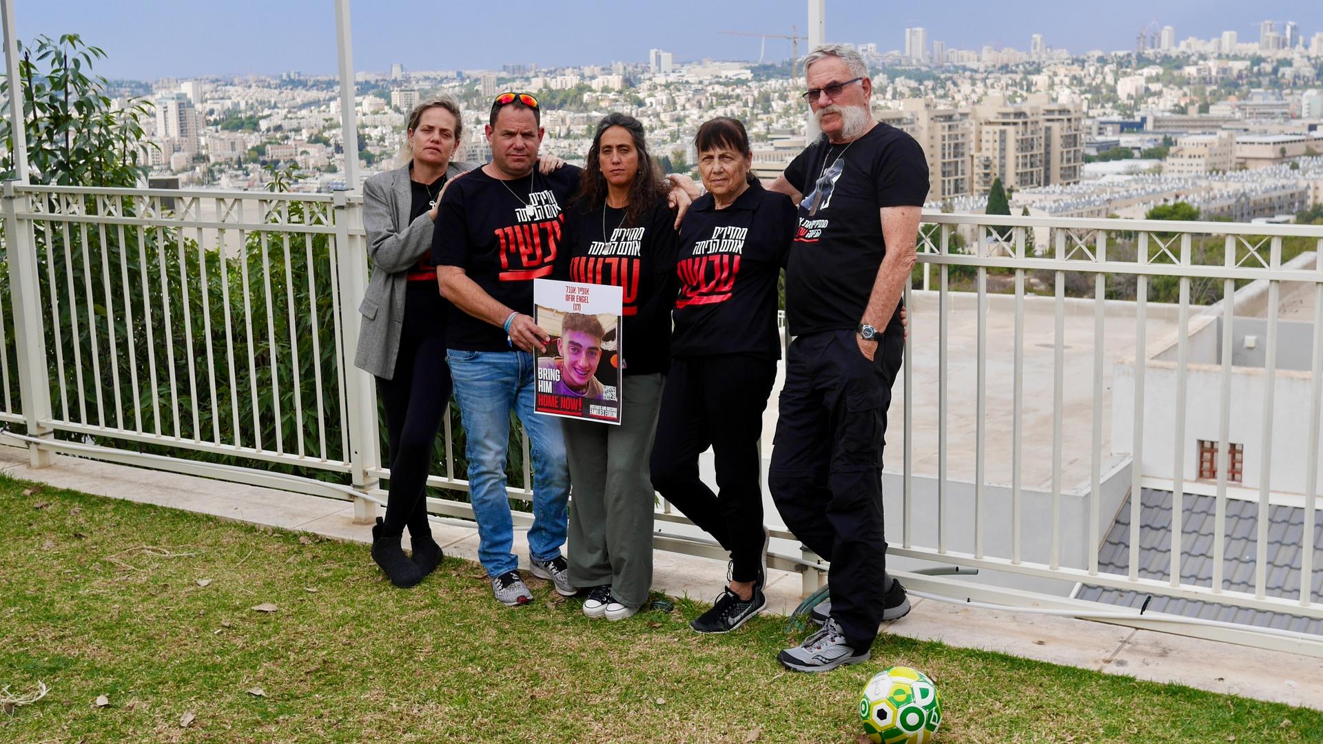 The family of Ofir Engel, from the left Yael Engel Lichi (aunt), Yoav and Sharon Engel (parents), and Yonit and Jossef Avi Yair Engel (grandparents).