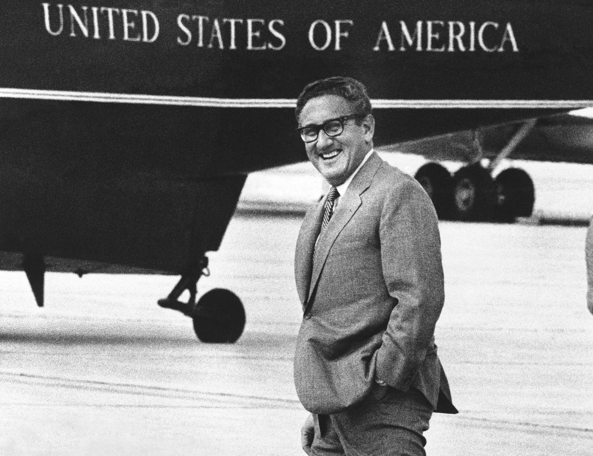 Henry Kissinger smiles as he walks to a helicopter at Andrews Air Force Base near Washington, Saturday, Aug. 19, 1972. Former US Secretary of State Henry Kissinger died Wednesday, Nov. 29, 2023, his consulting firm said. He was 100. 