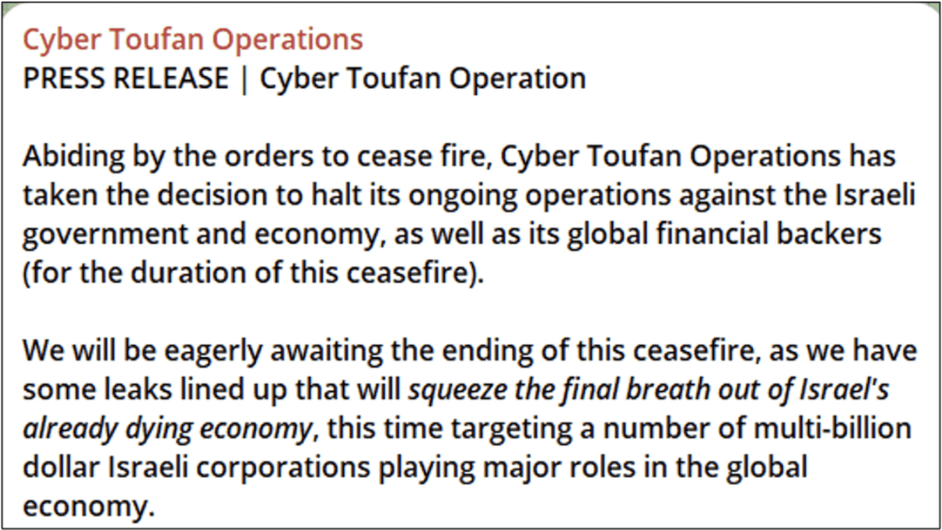 Cyber Toufan press release.
