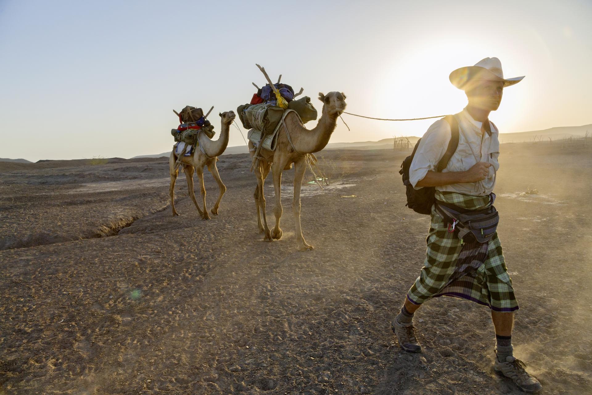 A man walking in front of the sun with two camels