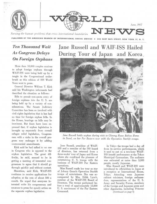 A newsletter cover with text and an image of a white woman holding a young Korean child