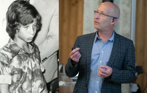 On the left, a black and wire picture of a young boy; on the right is a man wearing a suit giving a talk
