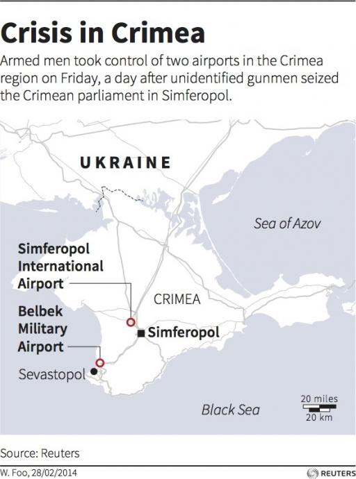 Map of the Crimea region in Ukraine locating the airports that were seized by gunmen in Feb. 2014