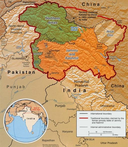 A map showing the internal divisions of Kashmir.