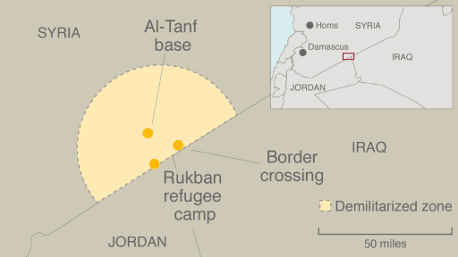 A map shows the location of Rukban refugee camp on the border between Syria and Jordan