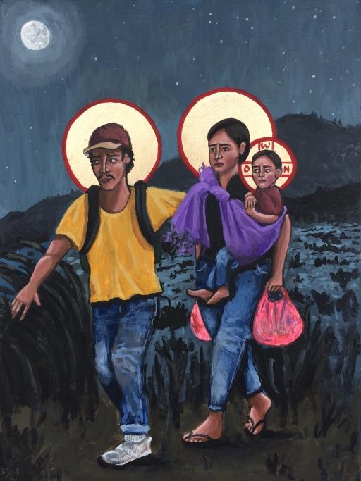 Latinx man, woman and child in modern clothes painted in the style of iconography