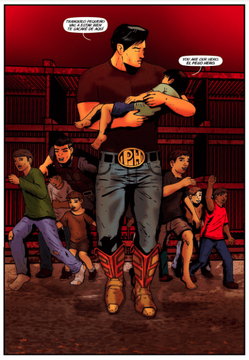 Comic book panel of a man holding a child with other children behind them. 