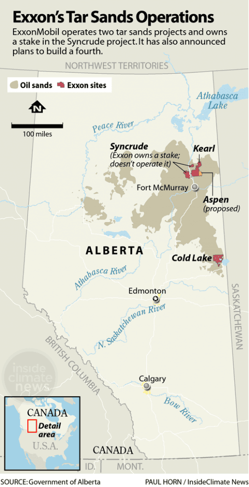 A map of Alberta, Canada, marking tar sands