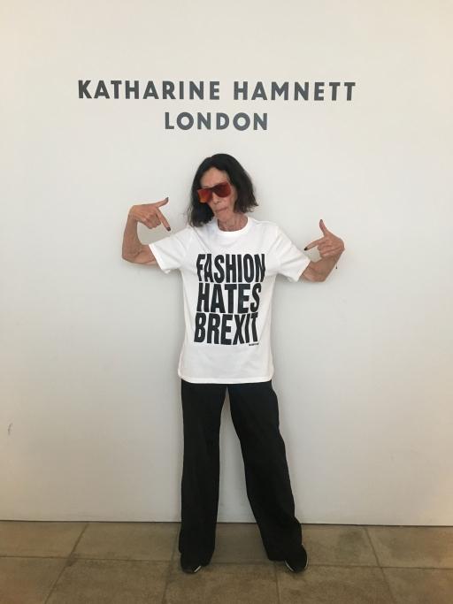A woman with a t-shirt reading "FASHION HATES BREXIT"