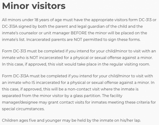 Text outlining policy for minors visiting. 