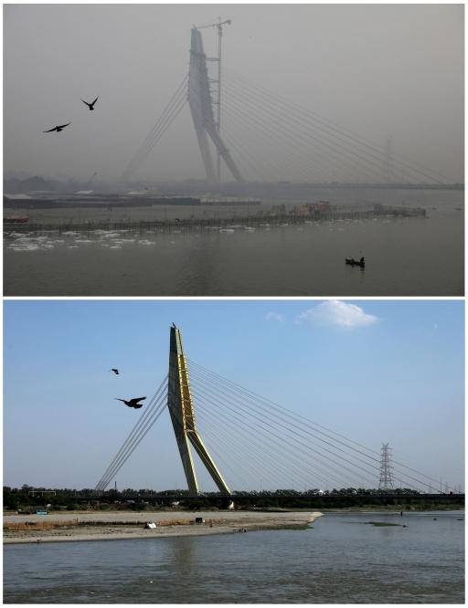 A combination picture shows birds flying over the waters of the Yamuna river near the Signature bridge on Nov. 1, 2019 and after air pollution level started to drop during a nationwide lockdown to slow the spreading of the coronavirus disease (COVID-19), 