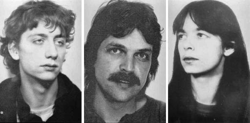 Three mug shots in black and white of suspected members of a terror group, RAF. 