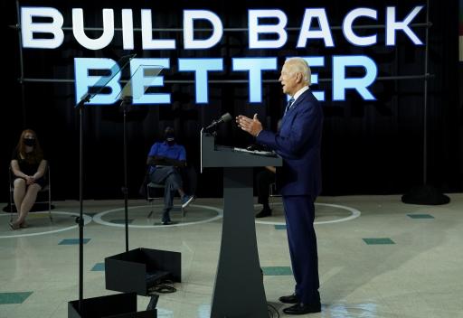 Democratic US presidential candidate and former Vice President Joe Biden speaks about the third part of his four-part economic recovery plan to revive the coronavirus-battered US economy during a campaign event in New Castle, Delaware, July 21, 2020. 