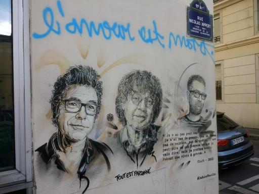 A mural depicts several of the Charlie Hebdo journalists who lost their lives in the attacks on their offices in Paris in January 2015. 