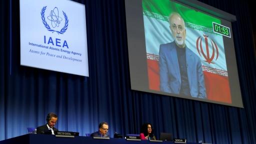 IAEA Director General Rafael Grossi listens as head of Iran's Atomic Energy Organization Ali-Akbar Salehi delivers his speech at the opening of the IAEA General Conference at their headquarters in Vienna, Austria, Sept. 21, 2020. 