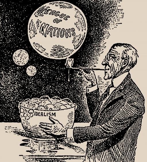 A cartoonist depiction of a man (Woodrow Wilson) blowing a bubble labeled "League of Nations" out of a bowl labeled "Idealism" 