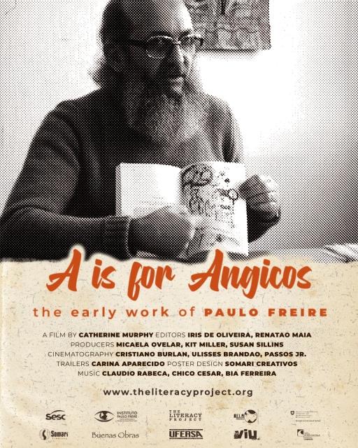 "A is for Angicos" documentary film poster with a black and white image of Paulo Freire. 
