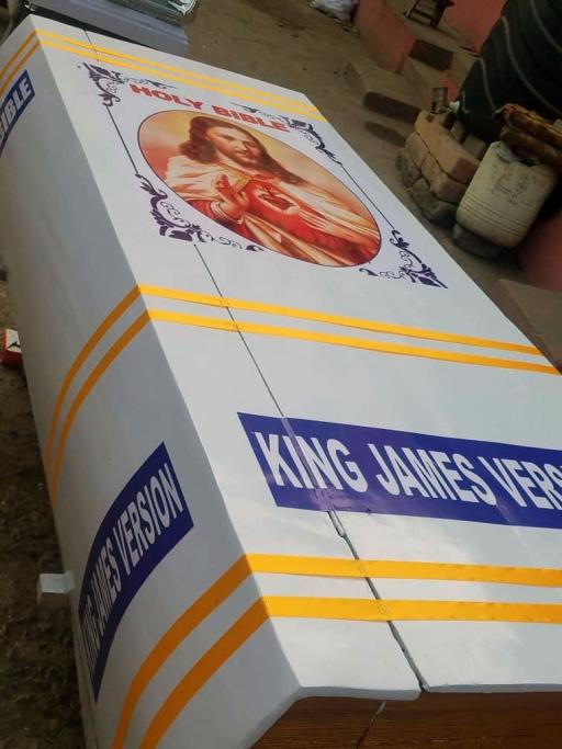 A Bible coffin for a deceased pastor in Ghana.