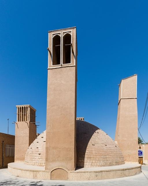 An ab anbar or "water reservoir" with wind catchers (openings near the top of the towers) in the central desert city of Yazd, Iran.