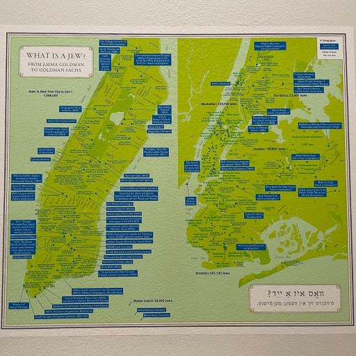 A map of Jewish heritage sites and institutions across New York, called "What is a Jew: From Emma Goldman to Goldman Sachs," on display as part of the "City of Faith" exhibit, New York, Dec. 1, 2022.