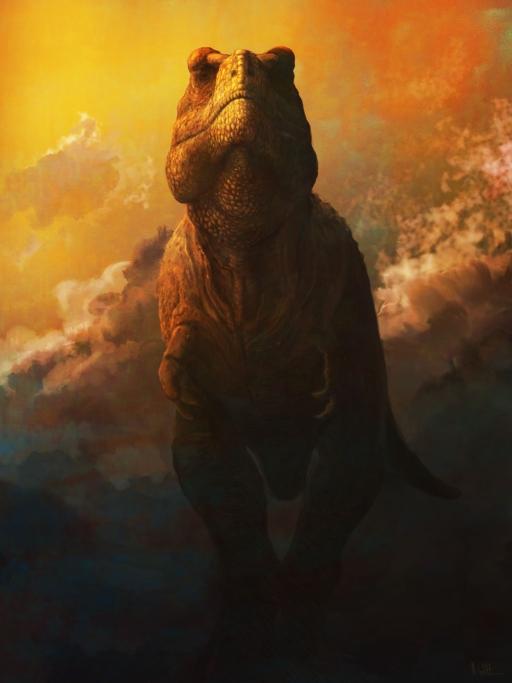 An artistic depiction of a T-Rex, appearing to be walking directly at the frame. 