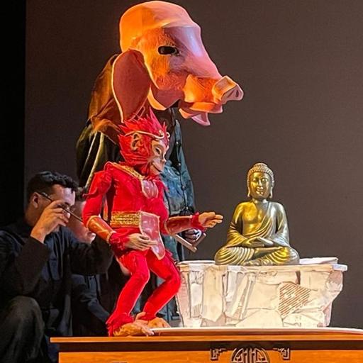 A statue of Buddha during a rehearsal of "Monkey: A Kung Fu Puppet Parable" at the Emerson Paramount Center in Boston, Sept. 20, 2023.