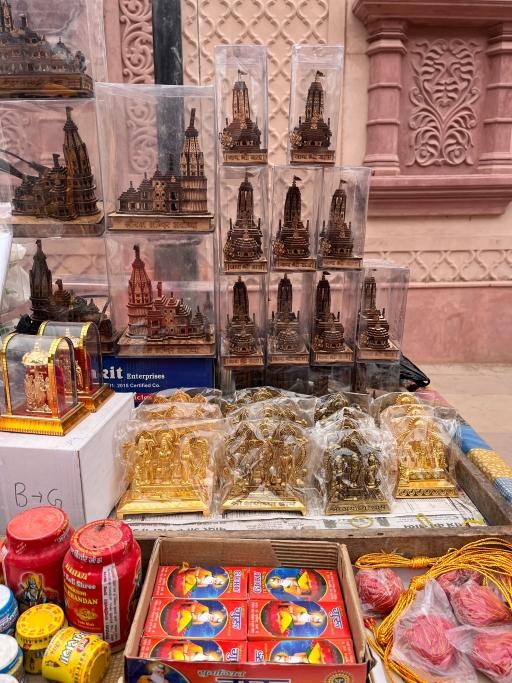 Souvenir stalls in Ayodhya display miniature models of the new Hindu temple.