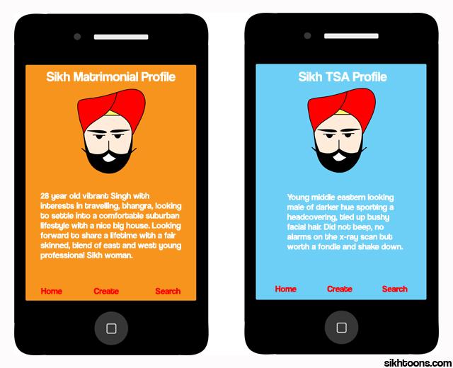 cartoon of a hypothetical TSA mobile app about profiling men in turbans