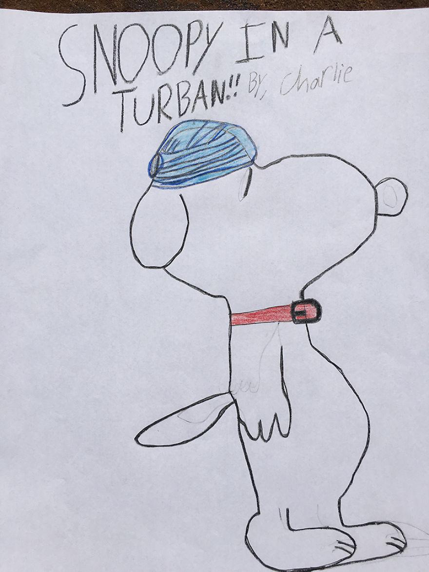 A child's drawing of Snoopy in a turban