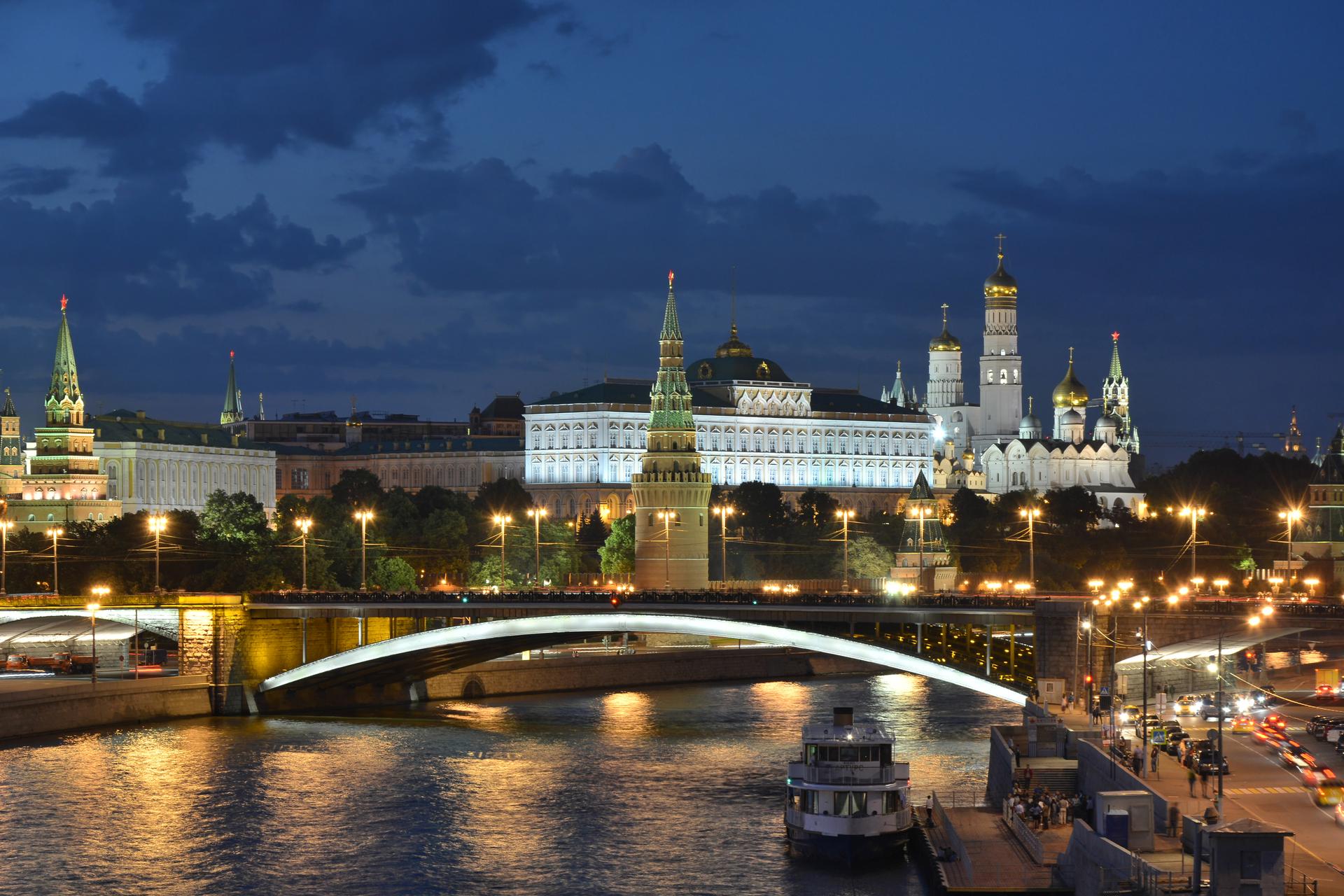Moscow's Kremlin and the Bolshoy Kamenny Bridge are seen in the late evening.