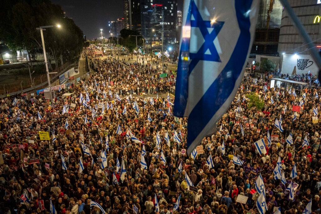 People protest against Israeli Prime Minister Benjamin Netanyahu's government and call for the release of hostages held in the Gaza Strip by the Hamas militant group in Tel Aviv, Israel, Saturday, May 4, 2024.