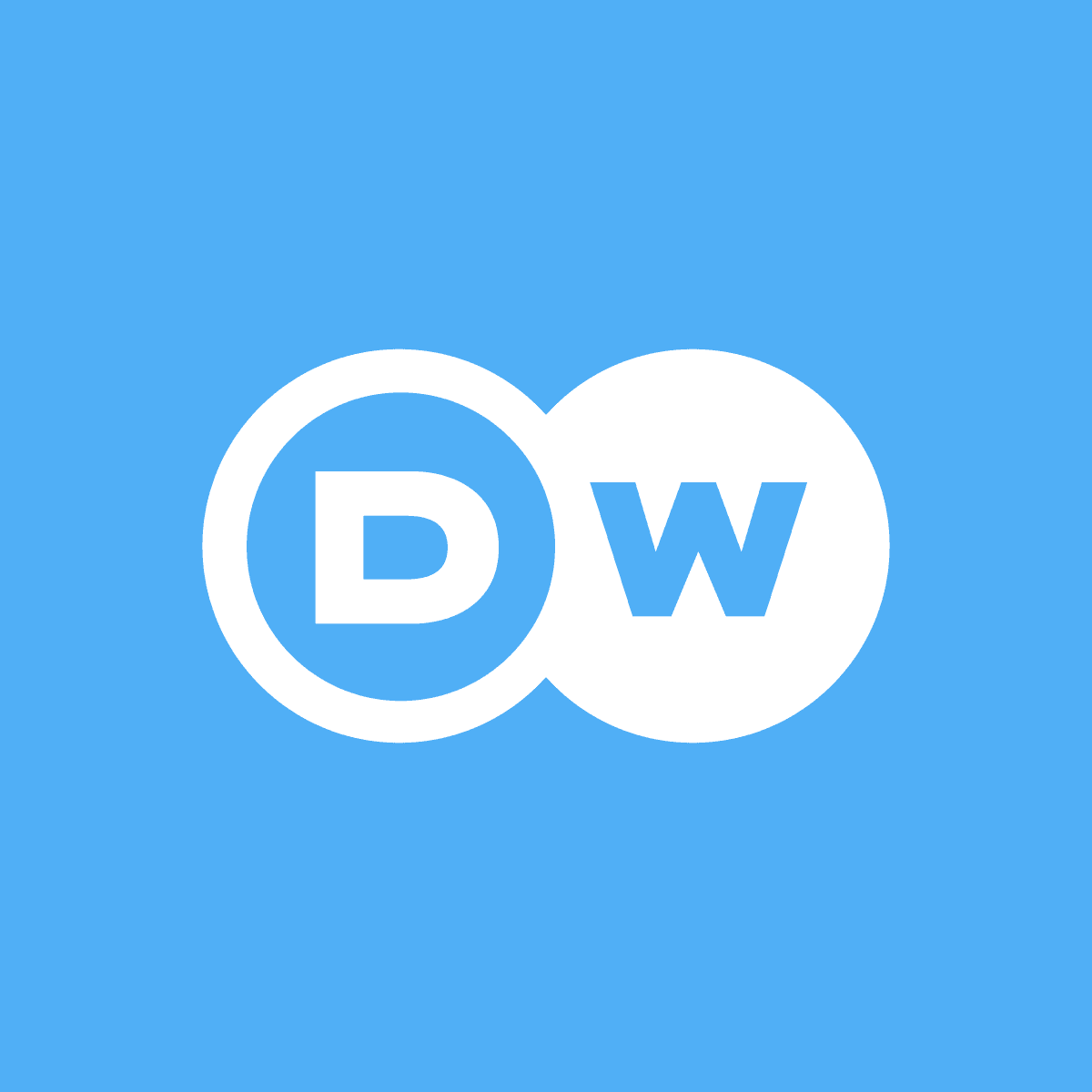 Logo for DW, white letters DW on a light blue background