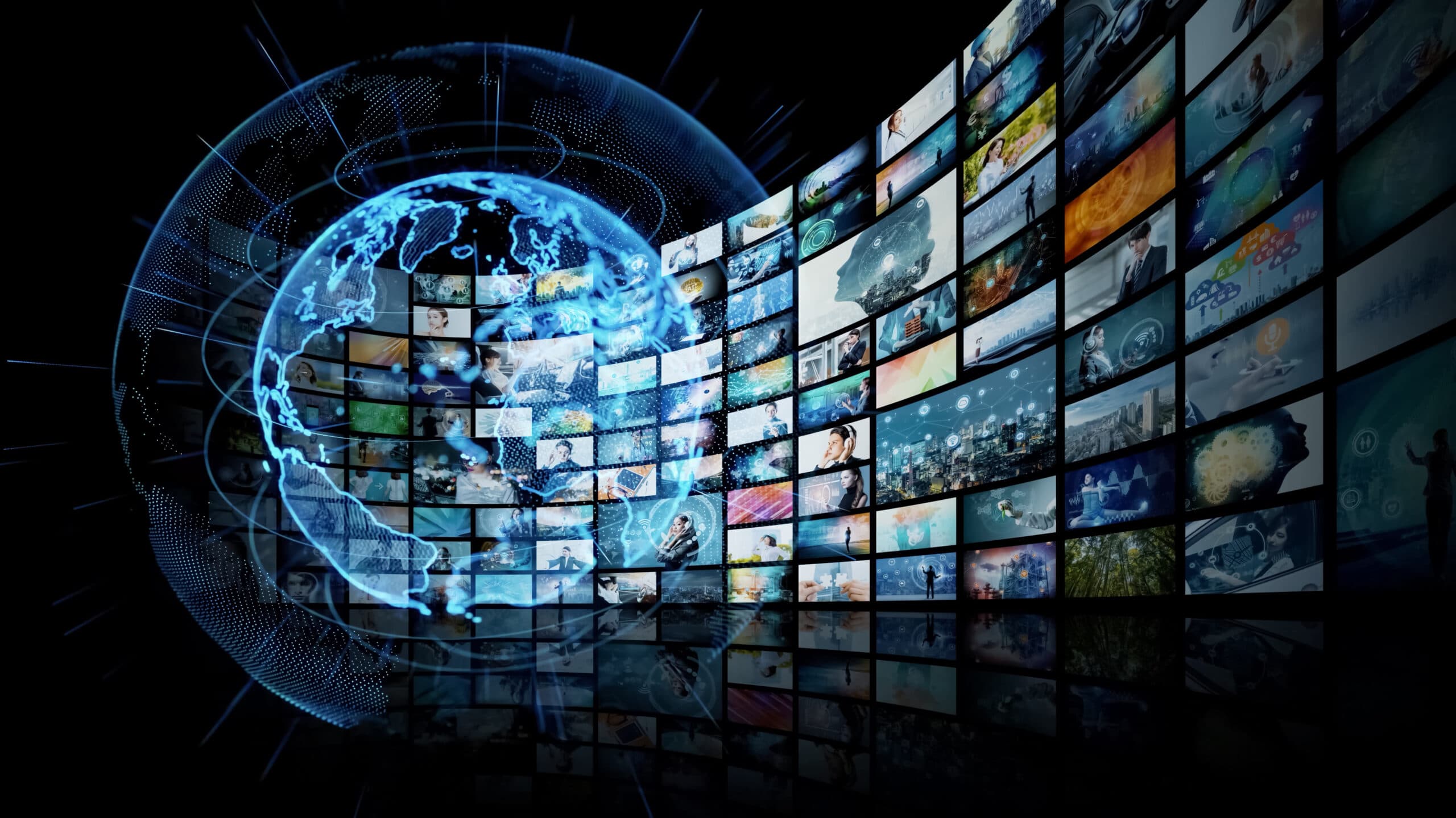 A series of screens arched in front of a globe on a dark background