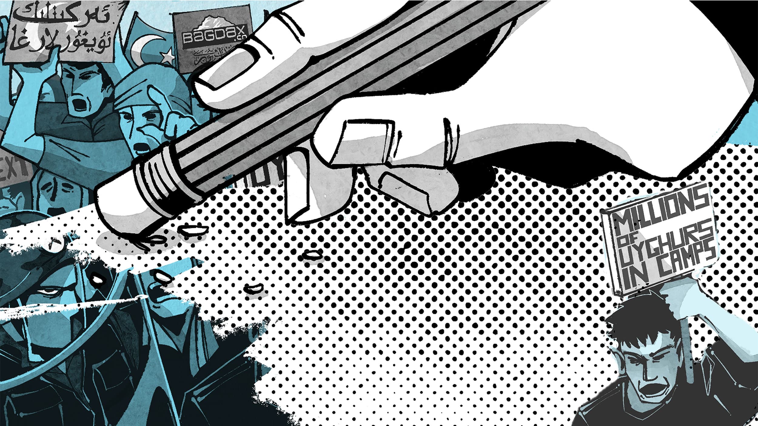Illustration featuring a large eraser being used to remove signs and protests, one reading "Millions of Uyghurs in Camps," with protestors and slogans in the background.