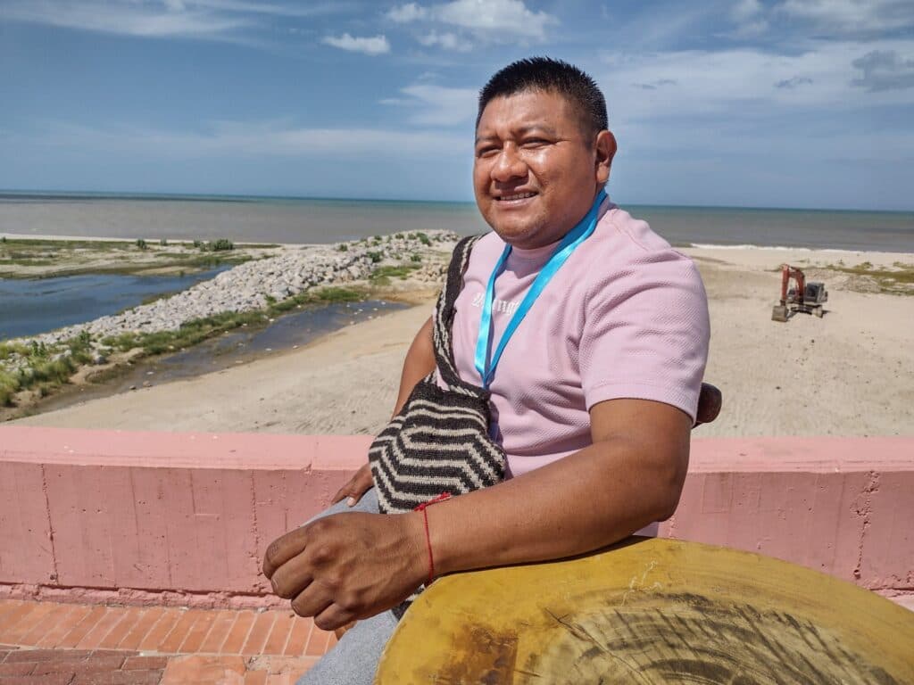 A person wearing a pink shirt and a striped shoulder bag sits on a terrace overlooking a beach and body of water with a clear blue sky.