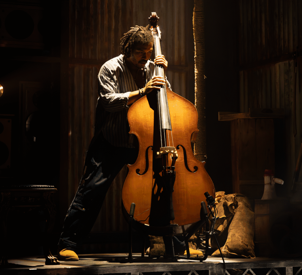 A musician playing a double bass on a dimly lit stage, with a rustic backdrop and emphasis on the warm wood tones of the instrument.