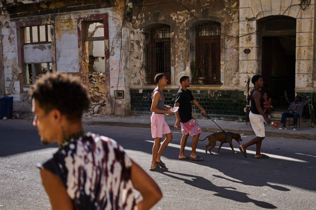 Three young men walk a dog on a leash along a street lined with old, weathered buildings, while another individual is partially visible in the foreground.