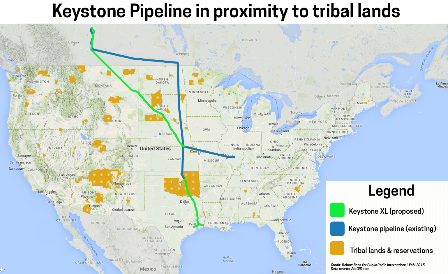 A map showing the proposed route of the Keystone XL pipeline and its path through tribal lands.