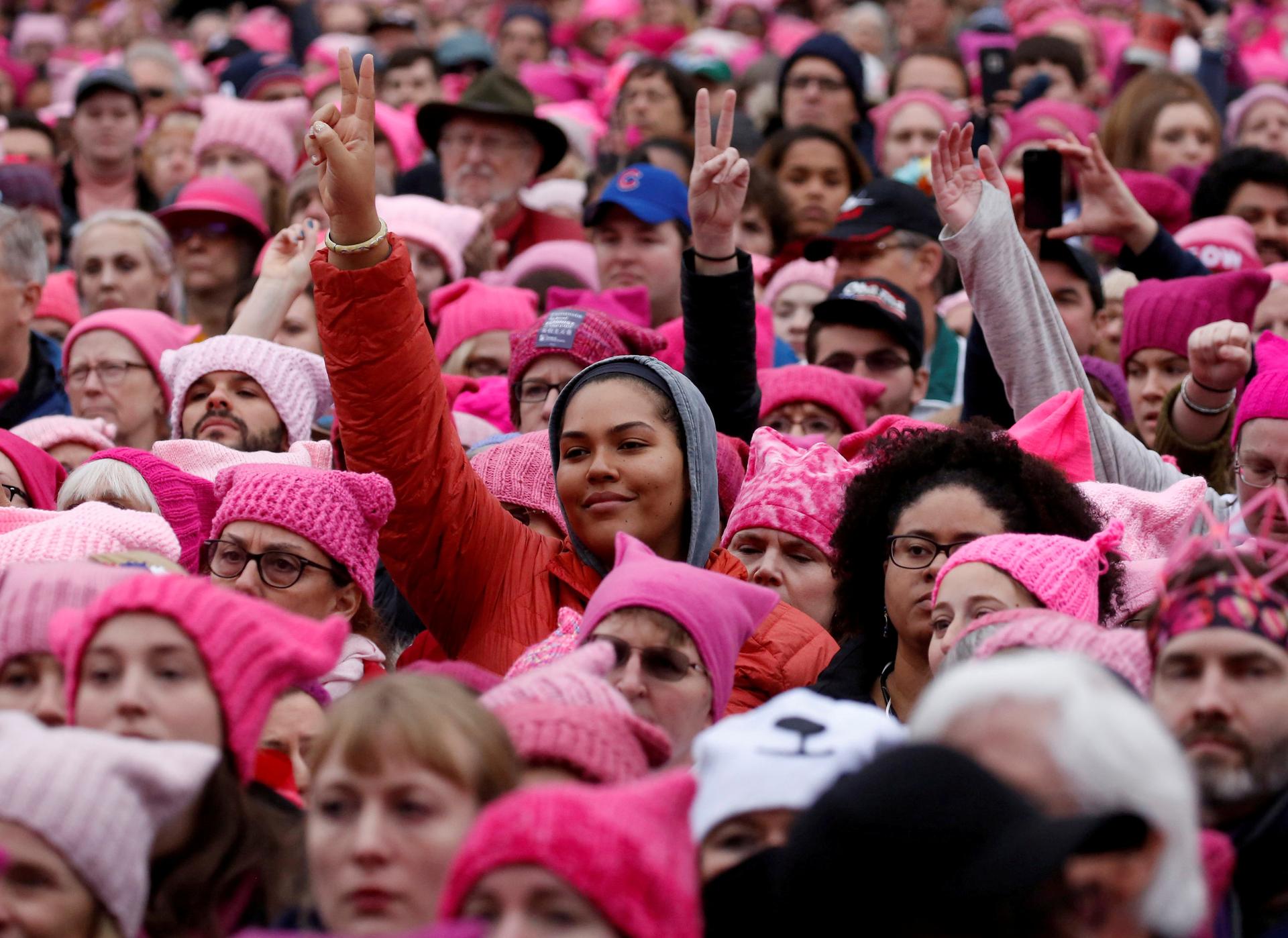 People gather for the Women's March in Washington, DC, January 21, 2017.