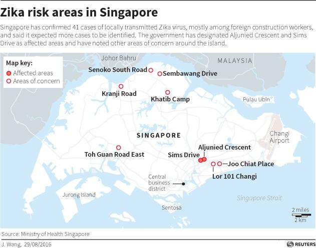 Map of location at risk of Zika in Singapore