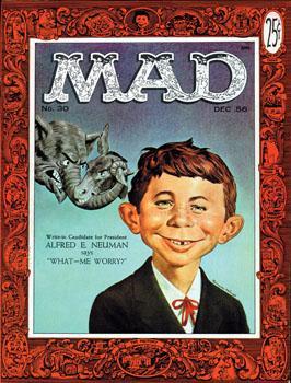 Neuman's face first appeared on the cover of Issue #30 in March 1955. Prior to that issue, he had appeared in the pages of Mad under different names.