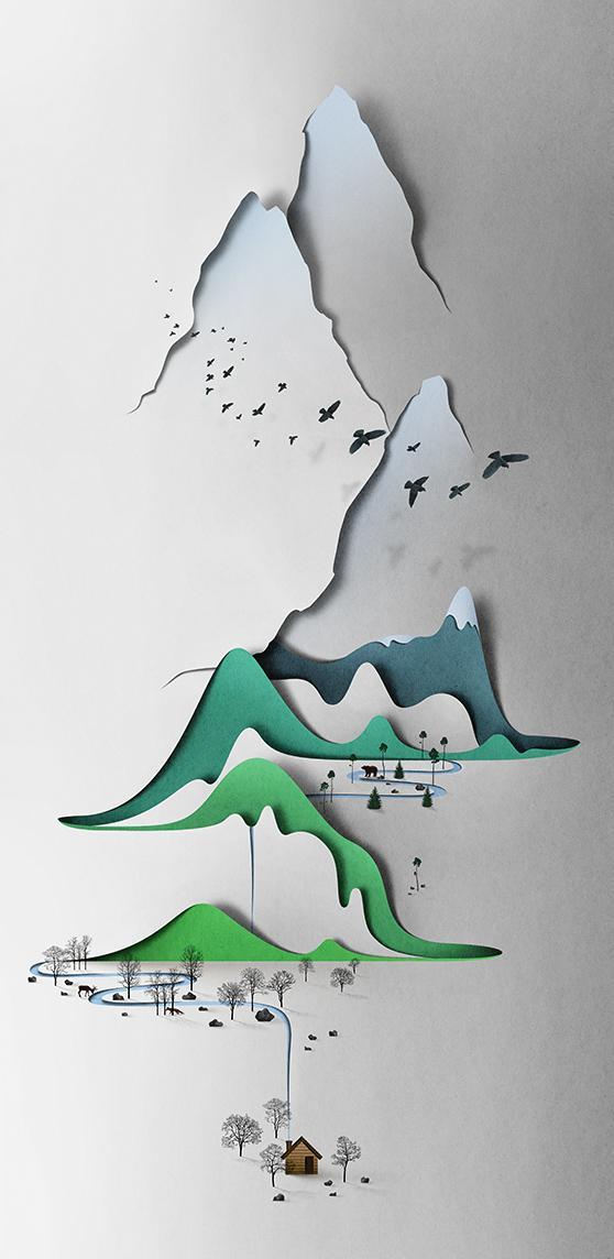 This paper landscape is the work of Eiko Ojala, an illustrator and graphic designer based in Estonia