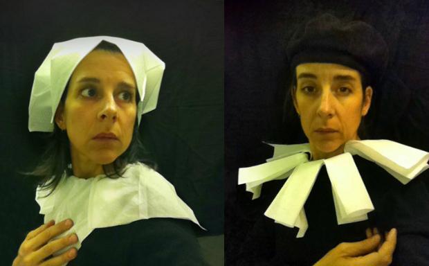 Nina Katchadourian, two photographs fromLavatory Self-Portraits in the Flemish Style, from Seat Assignment