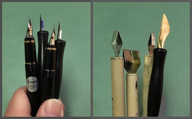 L: Various ruling pens. R: Flexible pointed tip pens. Two fountain pens and two copperplate style nibs.