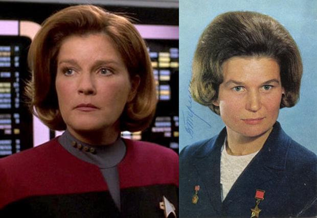 Kate Mulgrew as Captain Kathryn Janeway, on left, and Tereshkova on right.