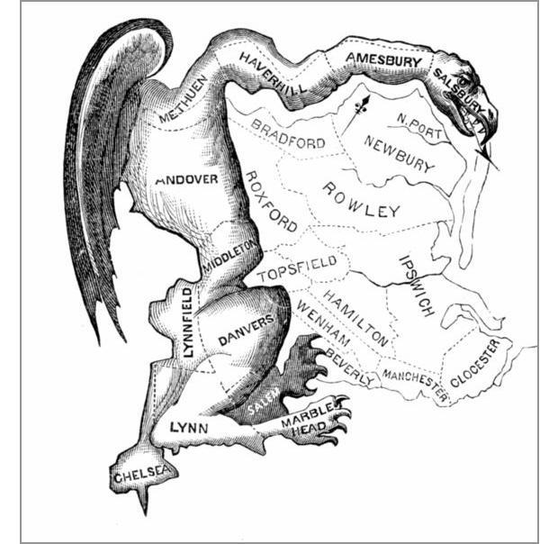 A political cartoon drawn in reaction to the newly drawn Congressional electoral district of South Essex County, printed March 1812