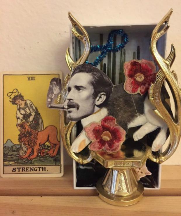At left, the tarot card 'Strength,' at right, Charis Stiles' interpretation in diorama form