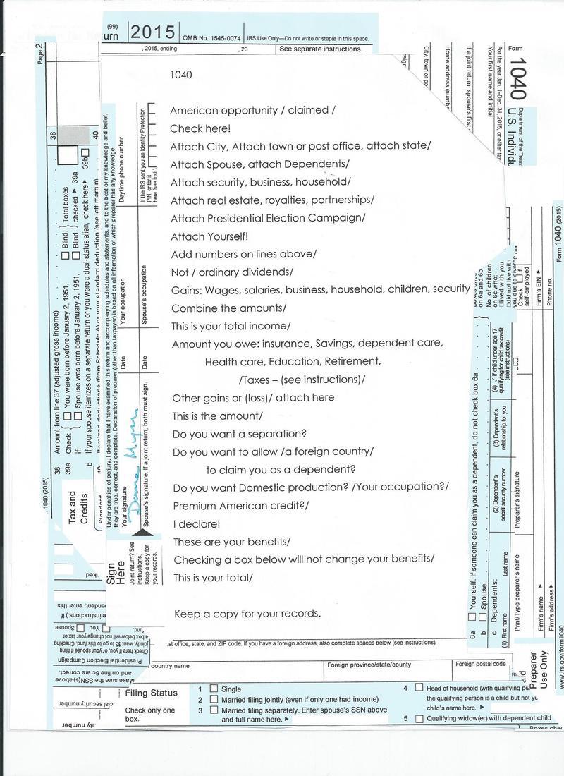 From Donna Meyer: 'A poem written entirely of words and phrases from the 1040 tax form, entitled 1040.'